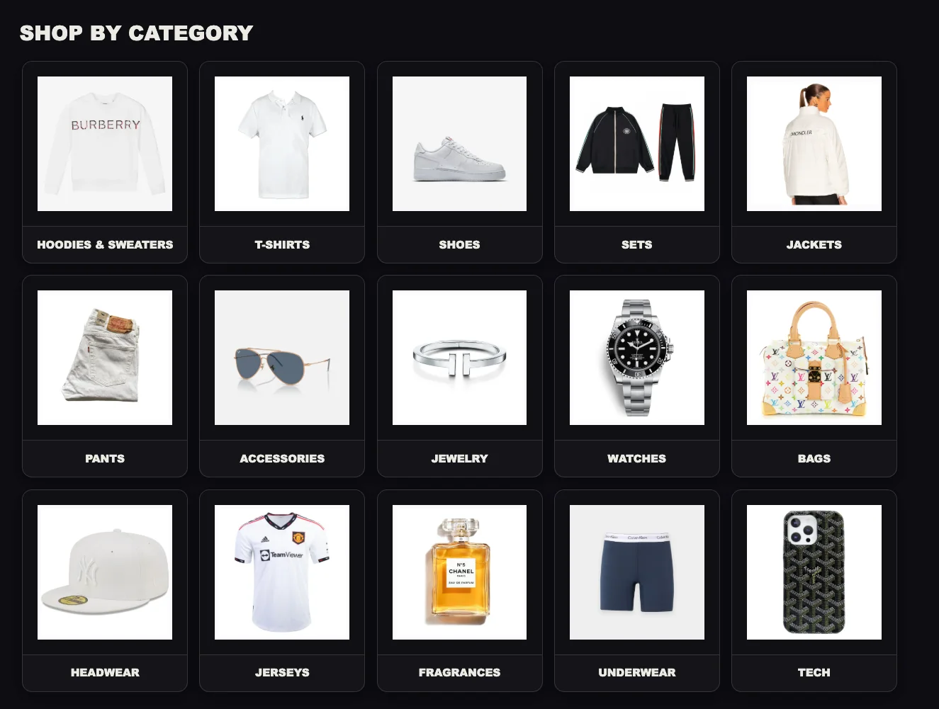 Kakobuy Spreadsheet category grid showing product categories from clothing and shoes to watches, bags and tech